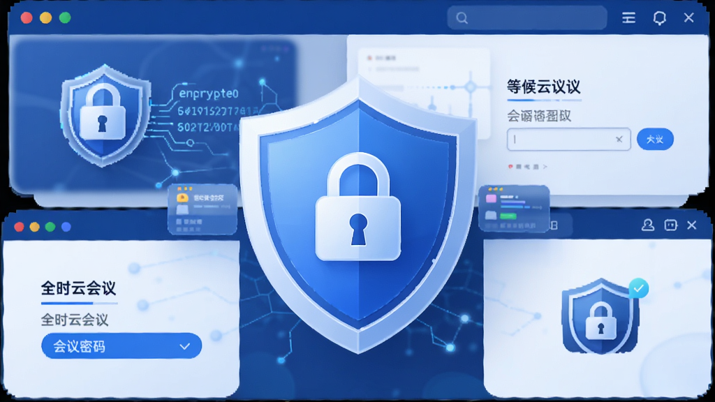 画面主体为一个盾牌图标与全时云会议界面结合,布局为盾牌居中、界面环绕四周,风格为安全科技风插画,细节包括锁形图标、加密数据流线条、会议密码输入框、等候室图标等元素,画质清晰干净,图片中文字标注“全时云会议”