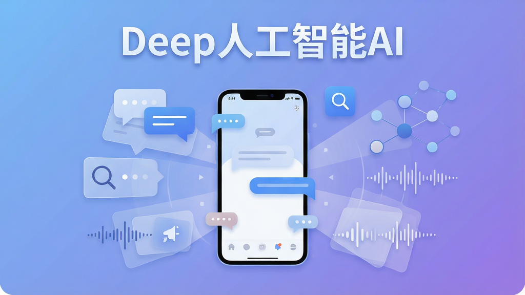 一幅展示Deep人工智能AI软件核心全貌的示意图,主体为一部智能手机屏幕中央显示智能对话界面,周围环绕着对话气泡、搜索图标、知识图谱节点与语音波形元素,布局采用中心放射式构图,排版上软件名称“Deep人工智能AI”以醒目字体置于画面顶部,风格为现代科技感扁平插画,细节包括柔和的蓝紫渐变背景、简洁的图标线条与半透明卡片层叠效果,画质清晰干净,无多余装饰元素