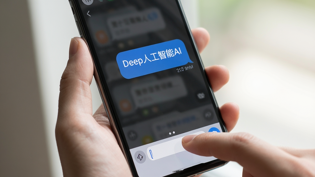 一幅展示Deep人工智能AI移动端使用场景的示意图,主体为一只手握持智能手机屏幕显示对话界面,布局采用特写构图手机占据画面中心,风格为生活化科技摄影风,细节包括屏幕中“Deep人工智能AI”对话气泡、手指点击输入框的动作、柔和自然光背景,画质清晰干净,无多余元素