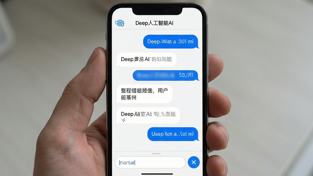 一部手机屏幕显示Deep人工智能AI的多轮对话界面,画面主体为对话气泡交替排列,布局采用上下垂直流式排版,风格为清爽的移动端UI展示风格,细节包括蓝色用户气泡与白色助手气泡、顶部软件名称“Deep人工智能AI”标识、底部输入框与发送按钮,画质干净清晰,无多余元素