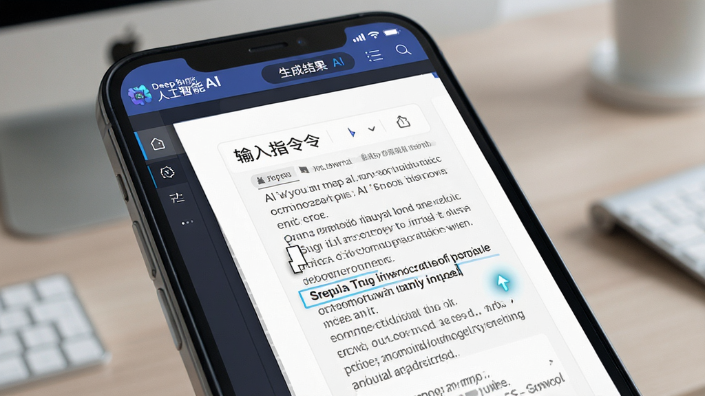 一幅展示Deep人工智能AI内容生成功能的场景图,主体为手机屏幕中显示文档编辑界面与AI生成的文字段落,布局采用左右分栏构图,左侧为输入指令区域右侧为生成结果展示,风格为简约办公科技风,细节包括“Deep人工智能AI”软件标识、文字排版线条与光标闪烁效果,画质清晰干净,无多余元素