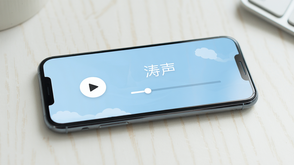 一部手机横放于桌面,屏幕显示“涛声”播放器主界面,界面干净无广告,只有播放按钮与进度条,背景为柔和浅蓝色,画面风格简约清新,细节清晰,画质干净,无多余装饰