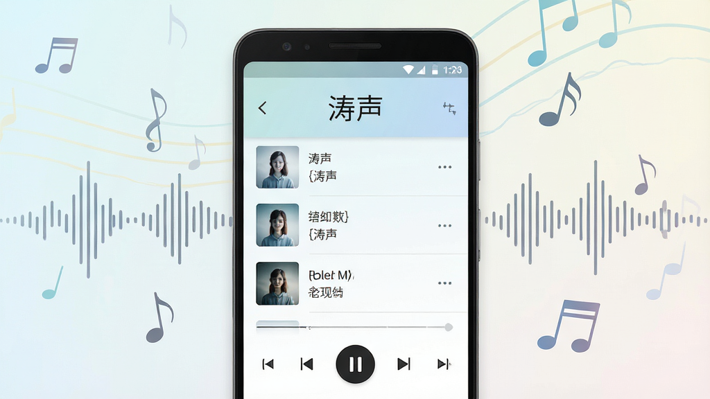 画面中央放置一部安卓手机,手机屏幕显示简洁音乐播放器界面,界面顶部写有“涛声”字样,下方是歌曲列表与播放控制按钮,背景为浅色渐变,周围点缀音符与声波线条,整体风格清爽现代,排版居中对称,细节干净利落,高清画质,无多余元素