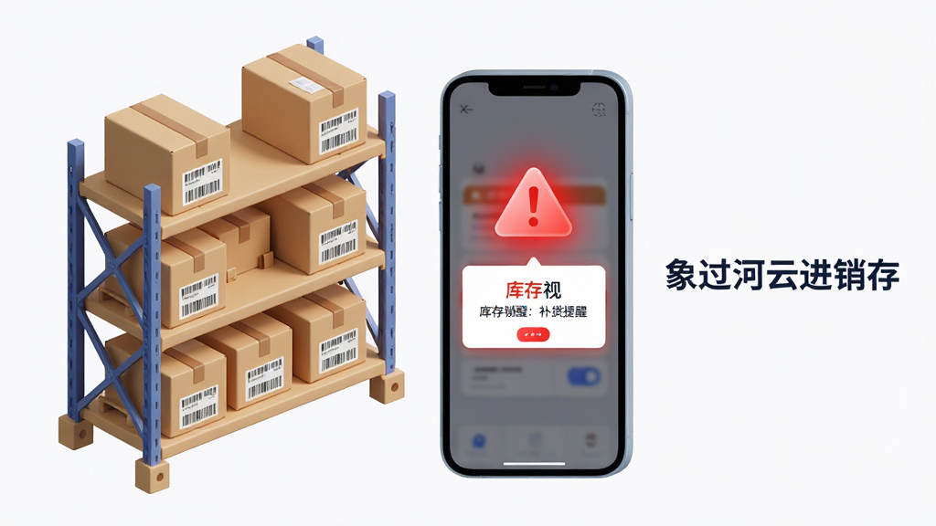 画面主体为一个悬浮的立体仓库货架模型,货架上摆放着贴有条码标签的纸箱,货架旁边立着一块手机屏幕,屏幕中显示红色库存预警图标与补货提醒弹窗,布局为左中右结构,左侧货架、中间手机、右侧留白放置“象过河云进销存”字样,风格为清爽的3D商务插画,细节上强调红色预警标识的醒目程度,画质明亮干净,无多余背景元素