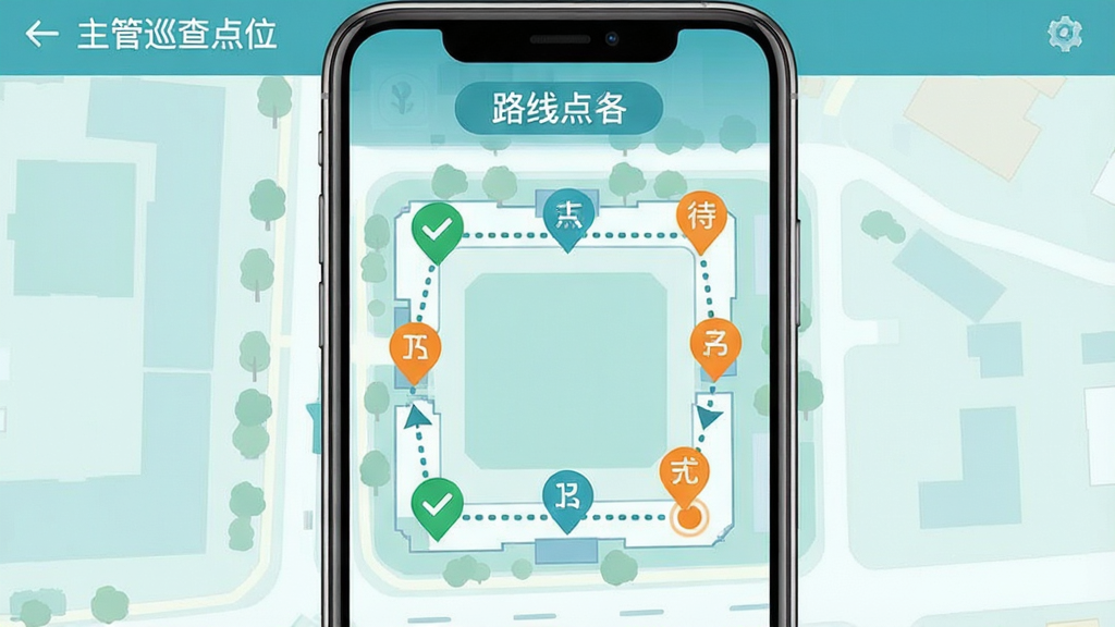一张展示“主管巡查”点位地图功能的图片,画面主体为手机屏幕内的园区平面地图,地图上分布多个带编号的巡查点位标记,标记之间以虚线连接形成推荐巡查路线,布局为手机居中展示,屏幕上方有路线名称标签,整体风格为清爽的蓝绿色调扁平地图风格,细节包括已完成点位显示绿色对勾、待检点位显示橙色圆点、路线虚线带有方向箭头,画质清晰干净,无多余元素