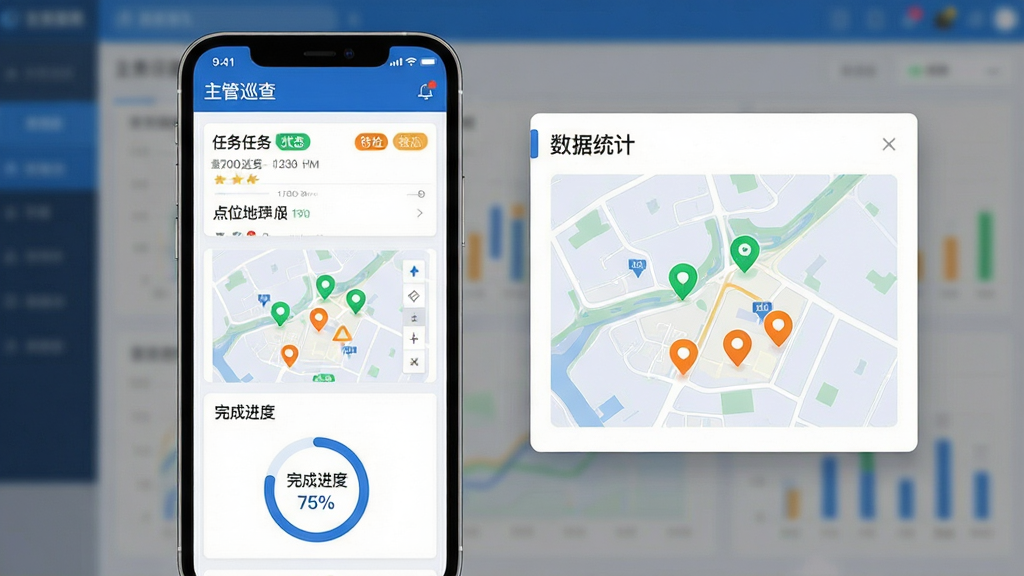 一张展示“主管巡查”软件整体界面的图片,画面主体为一部竖屏手机,手机屏幕内呈现巡查任务列表、点位地图标记和完成进度环形图三大模块,布局上手机居中偏左,右侧以悬浮卡片形式展示数据统计面板,整体采用简洁商务蓝白配色风格,细节包括任务卡片带有状态标签、地图上有绿色已完成标记和橙色待检标记、进度环显示百分比数字,画质清晰干净,无多余元素