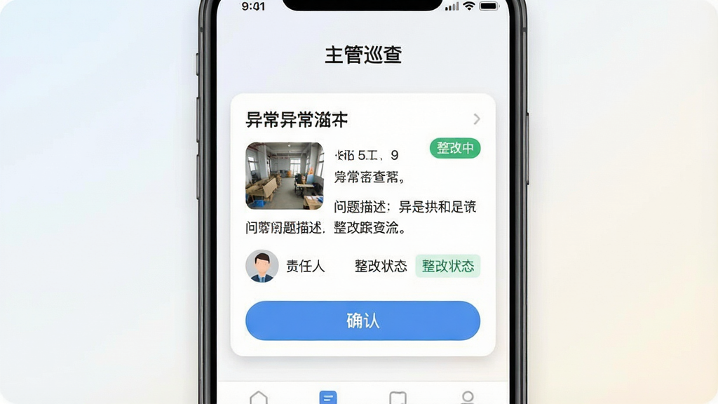 一张表现“主管巡查”异常上报与整改跟踪的图片,画面主体为手机界面中一条异常工单卡片,卡片上包含现场照片缩略图、问题描述文字、责任人头像和整改状态标签,布局为卡片居中展示,背景为浅色渐变,整体风格为现代移动应用界面风格,细节包括状态标签显示“整改中”字样、卡片带有圆角和轻投影、下方有确认按钮,画质清晰干净,无多余元素