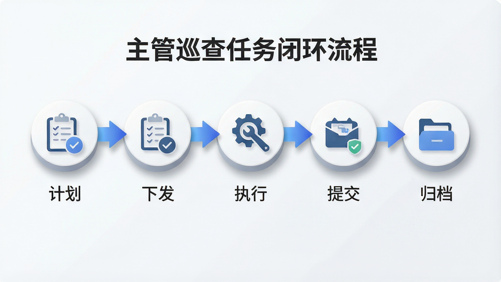 一张表现“主管巡查”任务闭环流程的图片,画面主体为五个依次排列的流程节点图标,分别为计划、下发、执行、提交、归档,节点之间用箭头连接,布局为横向一字排开居中,每个节点下方配有简短文字标签,整体风格为扁平化商务插画,细节包括节点图标带有轻微立体阴影、箭头为渐变蓝色、背景为浅灰白,画质干净清晰,无多余元素