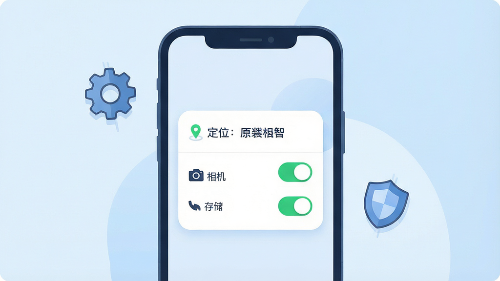 一张表现“主管巡查”手机端安装与权限设置场景的图片,画面主体为一部手机屏幕显示权限授权弹窗,弹窗中包含定位、相机、存储三项权限开关,布局为手机居中展示,屏幕旁边悬浮一个齿轮图标和盾牌图标作为装饰,整体风格为扁平化科技插画风格,细节包括开关处于开启状态的绿色标识、弹窗带有圆角边框、背景为浅蓝渐变,画质清晰干净,无多余元素