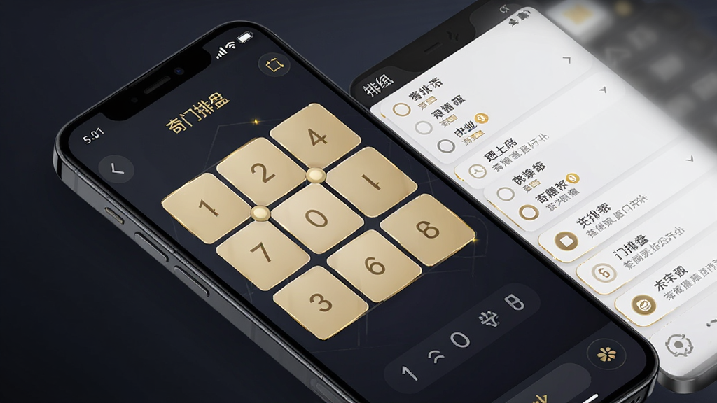 主体为手机屏幕显示九宫格盘面与侧边历史记录列表,屏幕上方标注“奇门排盘”小字;布局为手机斜放、背景为深色渐变;排版突出屏幕内容;风格为现代应用展示风;细节包括柔和阴影、列表条目清晰、金色点缀;画质高清、干净、无多余元素