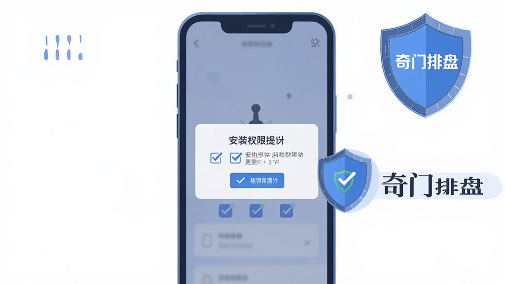 主体为一部手机屏幕显示安装权限提示弹窗,旁边有盾牌图标与“奇门排盘”字样;布局为手机居中、盾牌位于右上角;排版简洁;风格为扁平插画风;细节包括蓝色调、勾选标记、清晰文字块;画质高清、干净、无多余元素