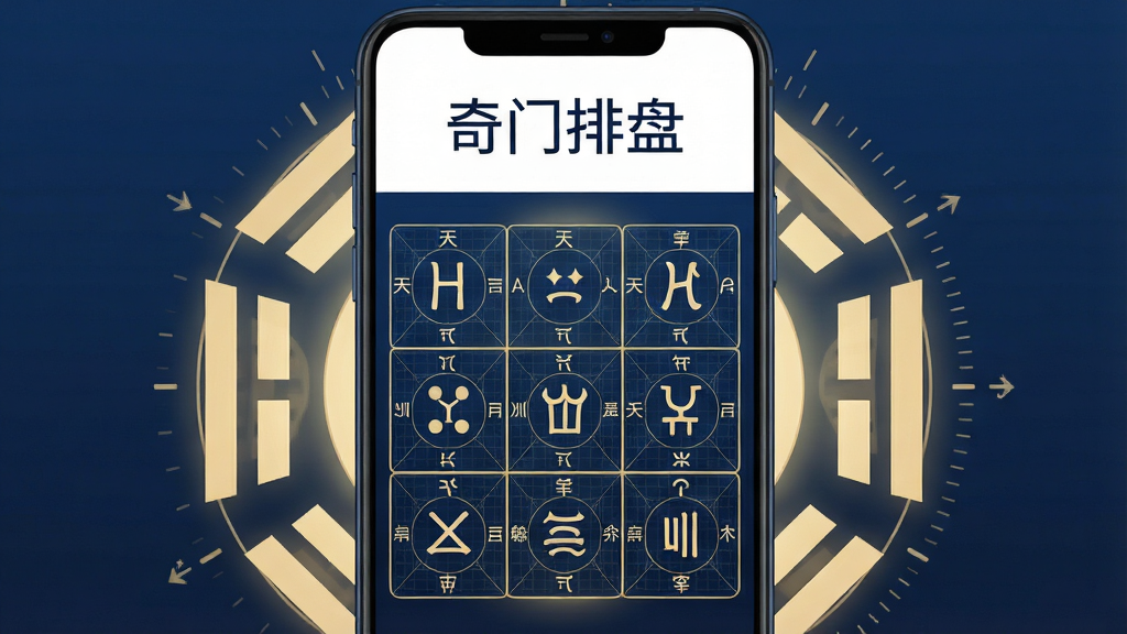主体为一部竖屏安卓手机,屏幕中央显示九宫格排盘界面,格内分布天干地支与星门神符号;布局为手机居中、左右两侧漂浮淡金色八卦符号与罗盘刻度;排版采用上下分层,上方留白处写“奇门排盘”四个字;风格为中国传统玄学与现代扁平UI结合;细节包括深蓝底色、金色线条、细密网格、柔和光晕;画质高清、干净、无多余元素