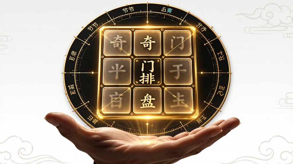 主体为一只手掌托起发光的九宫格盘面,盘中文字标注“奇门排盘”;布局为盘面悬浮于掌心上方,四周环绕节气刻度环;排版居中对称;风格为科技感与中国风融合;细节包括暖金色光效、半透明宫格、细线连接;画质高清、干净、无多余元素