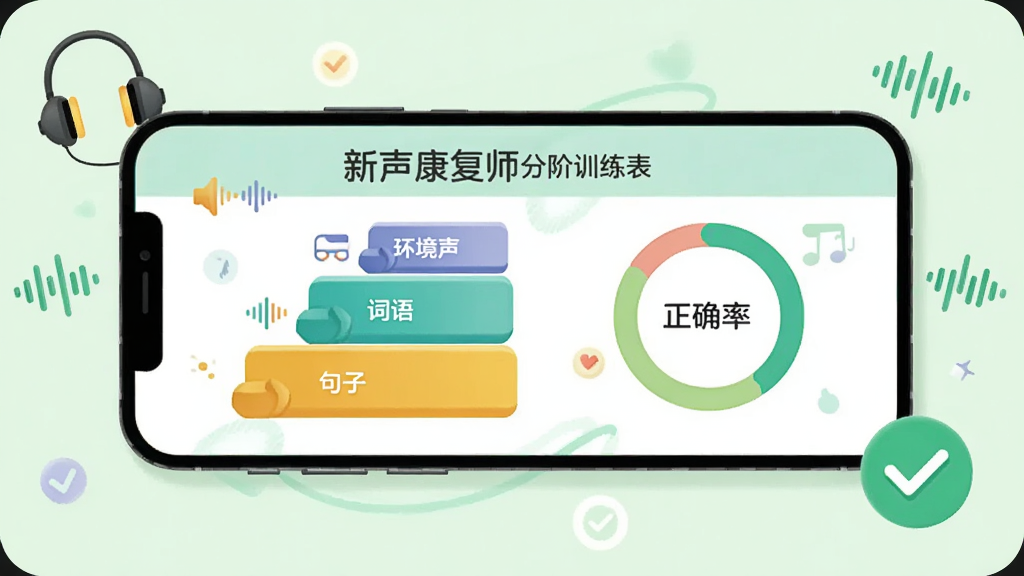 画面主体为一部横放手机,屏幕显示“新声康复师”分阶训练列表,左侧为环境声、词语、句子三级阶梯图形,右侧为正确率环形图,周围点缀耳机、声波、对勾图标,背景为淡绿色柔和底色,采用简洁矢量插画风格,布局左图右表结构清晰,细节干净,画质高清,无杂乱元素