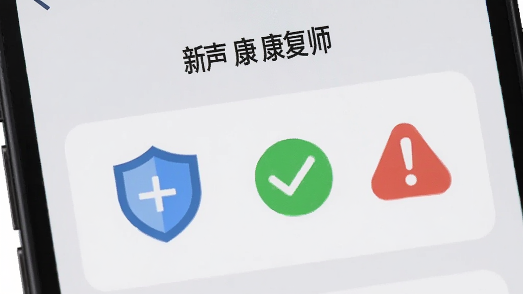 画面为手机屏幕特写,显示“新声康复师”安装权限设置界面,旁边配有盾牌图标、对勾与感叹号提示符号,背景为浅灰色简洁布局,采用扁平化信息图风格,主体突出屏幕与图标,细节干净,画质清晰,无杂乱装饰