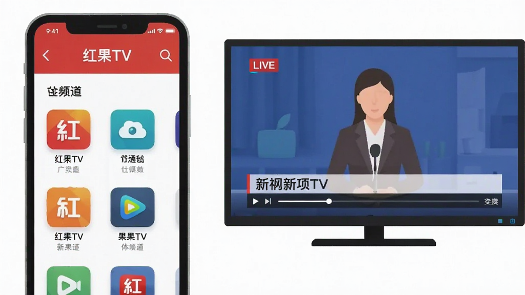 一张扁平化风格的界面示意图,画面主体是一部智能手机与一台电视并排展示,手机屏幕显示红果TV的频道分类页面,电视屏幕显示正在播放的新闻直播画面,布局为左手机右电视,风格清爽简约,细节包括频道图标、分类标签、播放进度条,画质干净清晰,无多余元素