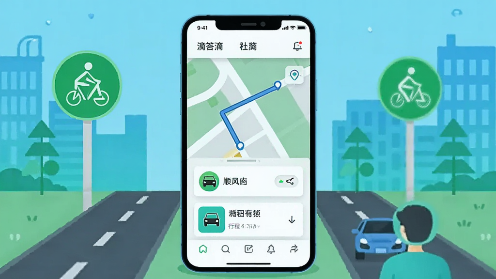 画面中央展示一部智能手机,手机屏幕显示“滴答滴”应用主界面,界面中包含地图路线、顺风车图标与行程卡片;手机两侧分布城市道路、绿色出行标识与拼车用户剪影;整体采用扁平化插画风格,色调以清新蓝绿为主,细节干净利落,画质清晰,无多余装饰元素