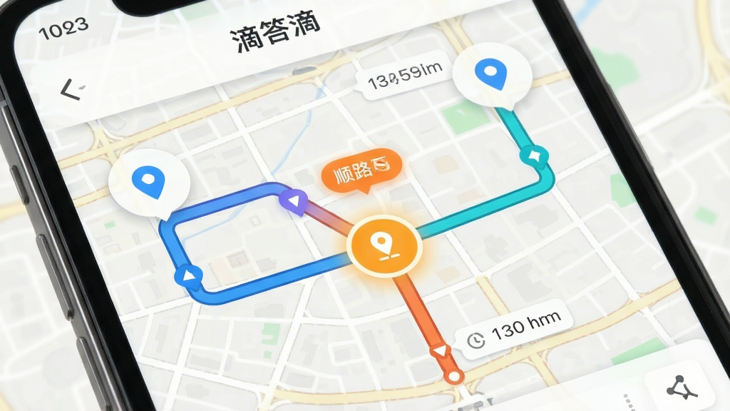 手机屏幕特写,屏幕中显示“滴答滴”路线匹配界面,两条彩色路线在地图上交汇,交汇点高亮显示顺路匹配标识,周围环绕定位图标与时间标签;背景为浅色城市地图纹理,风格简洁现代,画质干净清晰,无杂乱元素