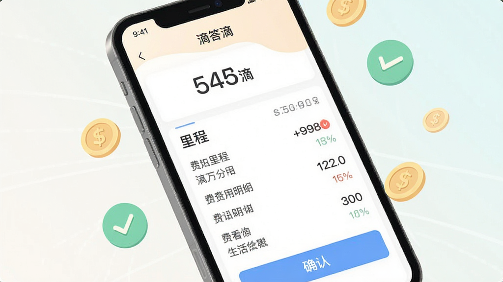 手机界面展示“滴答滴”费用分摊页面,页面中包含里程数字、费用明细列表与确认按钮,界面周围漂浮硬币图标与对勾标识;整体风格清爽扁平,色彩柔和,画质细腻,布局整洁无冗余