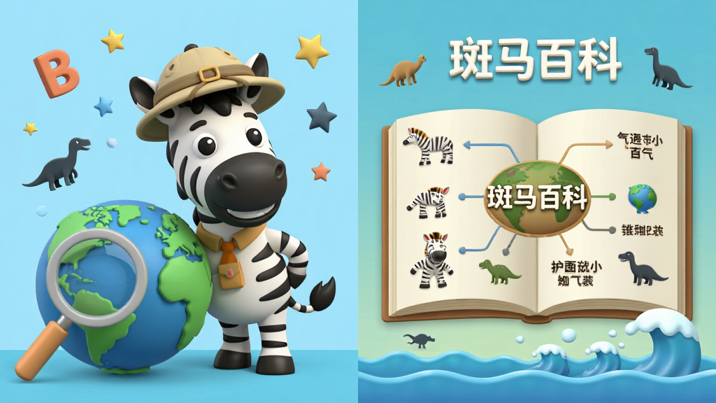 画面主体为一只卡通斑马戴着探险帽站在3D地球仪旁边,布局采用左右分栏,左侧是斑马角色与放大镜,右侧是展开的百科知识图谱,排版层次分明,风格为儿童教育类3D插画,细节包含漂浮的字母、星星、恐龙剪影与海洋波浪,画质清晰干净,画面中打文字“斑马百科”