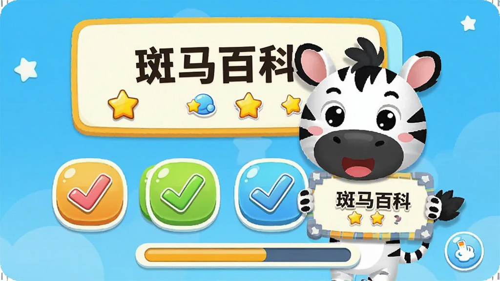 画面中央是一个卡通答题界面,主体为斑马吉祥物举着答题牌,布局为上方题目卡片、下方四个选项按钮,排版规整,风格为明亮活泼的儿童UI风格,细节包含彩色对勾、星星奖励图标与进度条,画质高清干净,画面中打文字“斑马百科”