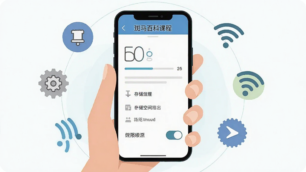 一张手机屏幕操作示意图,主体为一只手拿着手机,屏幕上显示斑马百科课程缓存页面,布局为手机居中、周围环绕设置图标与WiFi符号,排版简洁,风格为扁平化科技插画,细节包含下载进度条、存储空间提示与权限开关按钮,画质干净清晰,无多余元素