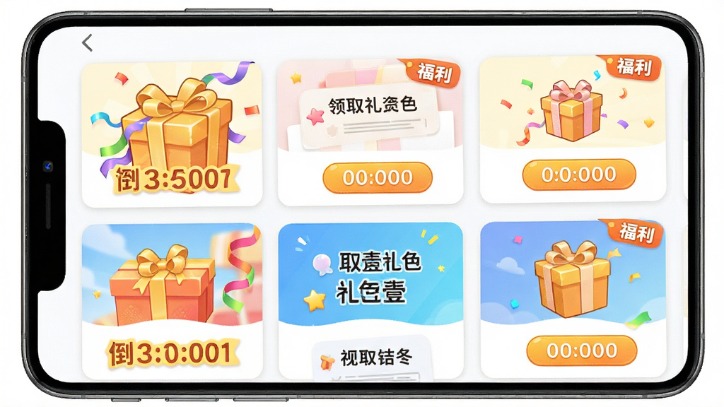 一幅描绘零壹手游礼包福利中心界面的AI生图,画面主体为手机屏幕上的礼包领取页面,屏幕上展示多个礼包卡片,卡片上带有礼盒图标、领取按钮与倒计时标签,布局为纵向列表排列,排版清晰有序,风格为明亮活泼的卡通扁平风,细节包括金色礼盒、彩带装饰、福利标签等元素,画质高清,画面干净,无多余元素