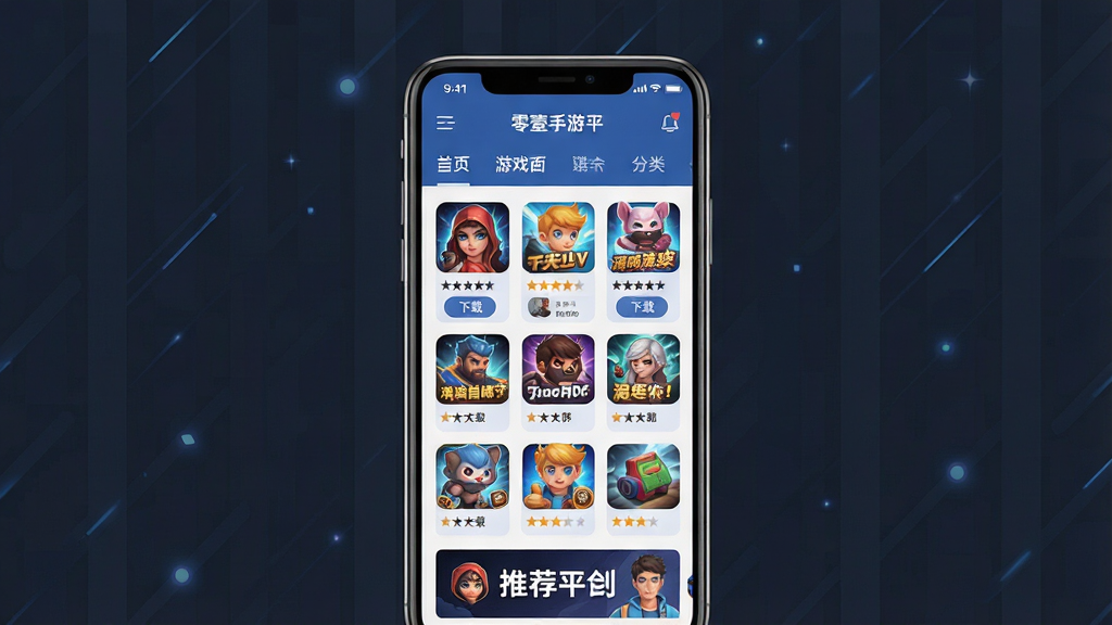一张展示零壹手游平台整体界面的概念图,画面主体为一部智能手机屏幕,屏幕上呈现游戏盒子的首页布局,包含游戏图标网格、分类导航栏与推荐横幅,布局居中对称,排版整齐清晰,风格为现代科技感扁平化设计,细节包括游戏封面缩略图、下载按钮、评分星级等元素,画质高清,画面干净,无多余元素