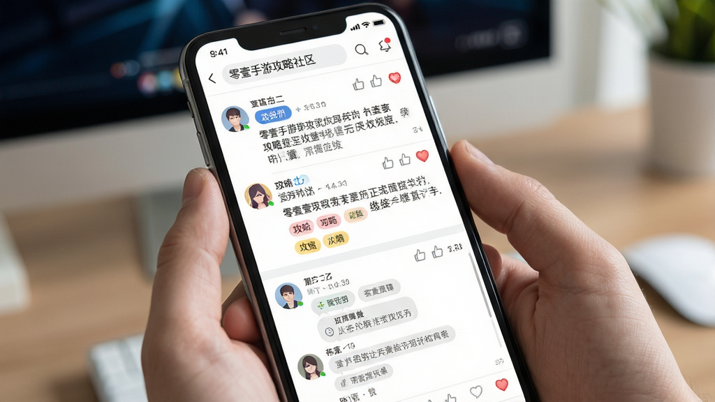 一张展现零壹手游攻略社区互动场景的AI生图,画面主体为手机屏幕上的社区讨论界面,屏幕上显示攻略文章列表与玩家评论互动区域,布局为上下分栏结构,排版疏密有致,风格为清新社交应用风,细节包括头像气泡、点赞图标、攻略标签、讨论串等元素,画质高清,画面干净,无多余元素