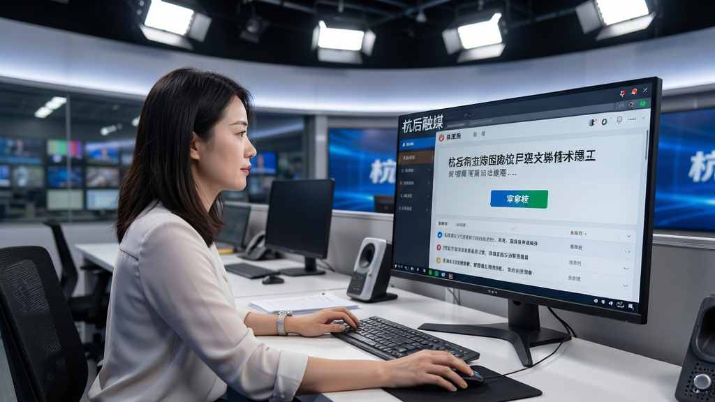 一位新闻编辑在现代化演播室内操作“杭后融媒”后台系统,主体为编辑与显示新闻发布界面的电脑屏幕,布局为人物居中偏左、屏幕内容清晰可见,排版突出新闻标题与审核按钮,风格为写实办公场景,细节包括明亮的演播室灯光、整洁的工作台与屏幕上的资讯列表,画质清晰、画面干净、无多余元素