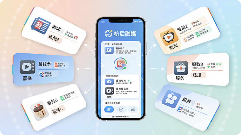 一幅展示“杭后融媒”个性化推荐机制的示意图,主体为手机屏幕与环绕其周围的不同资讯卡片,布局为手机居中、卡片呈放射状排列,排版体现内容分类与推荐逻辑,风格为科技感扁平插画,细节包括新闻、直播、服务等图标与柔和渐变背景,画质高清、画面干净、无多余元素