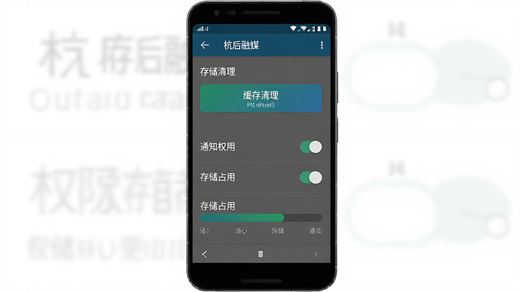 一部安卓手机屏幕显示“杭后融媒”应用设置界面,主体为手机与权限管理选项,布局为手机居中、界面元素清晰展示,排版突出存储清理与权限开关,风格为简洁UI示意图,细节包括缓存清理按钮、通知权限开关与存储占用条,画质清晰、画面干净、无多余元素