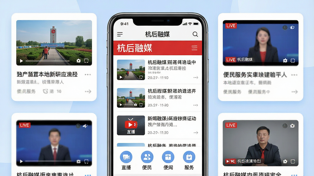 一幅展示本地资讯服务平台的宣传画面,主体为一部智能手机屏幕,屏幕上显示着“杭后融媒”的资讯首页界面,包含新闻列表、直播入口与便民服务图标,布局为手机居中、四周环绕新闻卡片与直播画面元素,排版采用上下分层结构,风格为现代简洁的扁平化设计,细节包括清晰的资讯缩略图、醒目的红色标题栏与柔和的蓝白配色,画质高清、画面干净、无多余元素