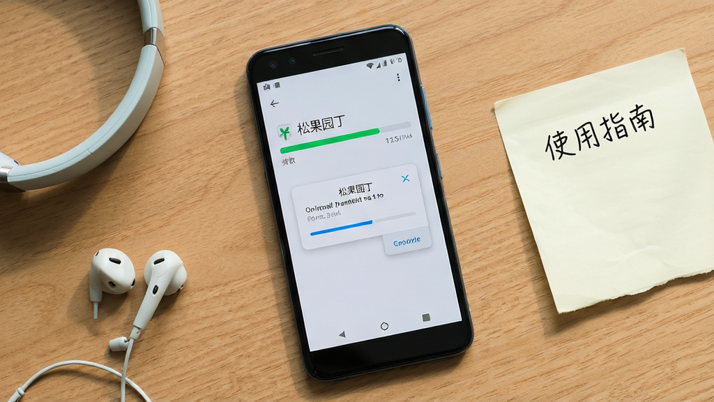 一张展示安卓手机安装“松果园丁”过程的场景图,画面为一部手机横放在桌面上,屏幕显示安装进度条与权限请求弹窗,手机旁边放着一副耳机和一张写有“使用指南”字样的便签纸,布局为手机居中、配件点缀四周,风格生活化、简洁明快,细节上突出权限弹窗与进度条,画质清晰、干净、无多余元素