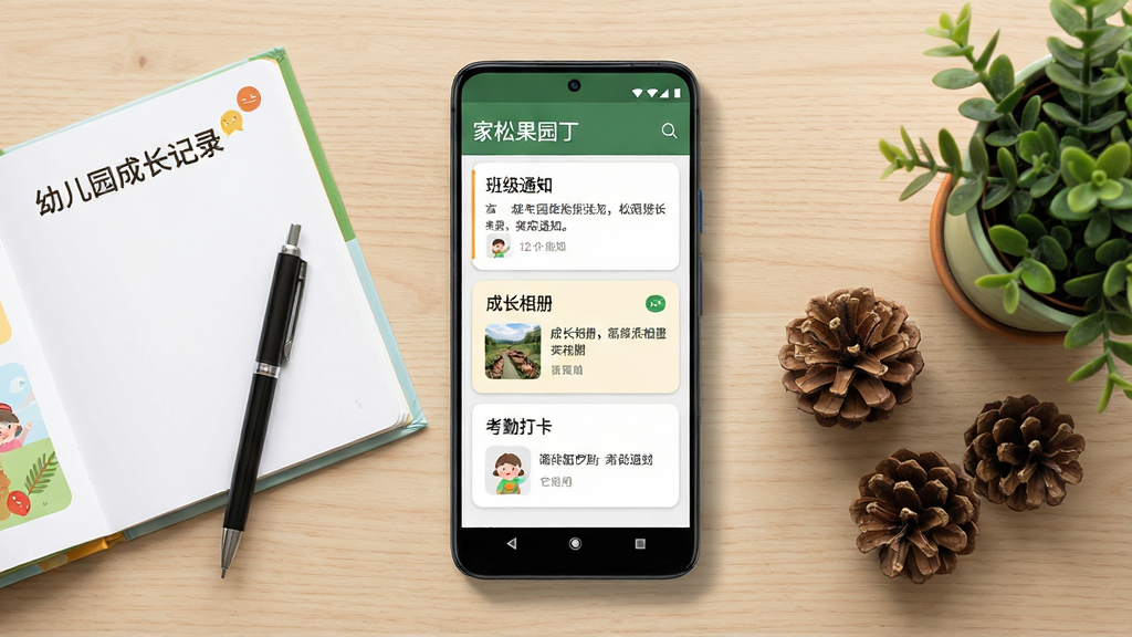 一张展示“松果园丁”移动应用界面的场景图,画面中央是一部竖屏安卓手机,屏幕上显示家园沟通主页,包含班级通知、成长相册、考勤打卡三个模块,手机左侧放置一本打开的幼儿园成长记录册和一支笔,右侧放置几颗松果与绿色植物盆栽,背景为浅木色桌面,整体布局为居中构图,风格清新自然、温暖亲切,细节上突出手机屏幕的卡片式排版与柔和阴影,画质清晰、干净、无多余元素
