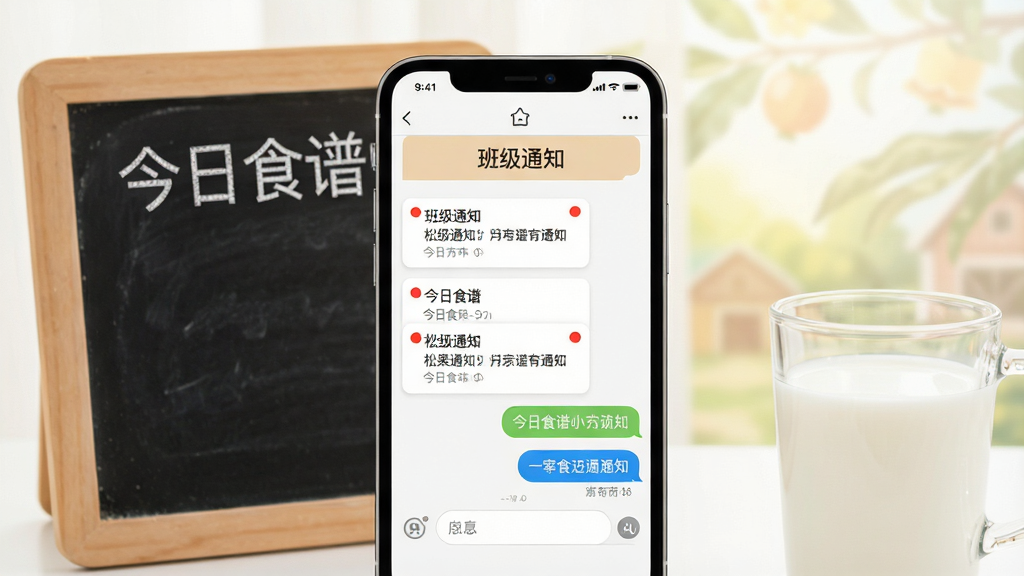 一张表现“松果园丁”家园沟通功能的画面,主体为一部手机屏幕显示班级通知列表与消息对话界面,屏幕上方有“班级通知”字样横幅,手机旁边放置一个写有“今日食谱”的小黑板和一杯牛奶,布局为手机居中、道具分列两侧,风格温馨明快,细节上强调通知卡片的红点提醒与对话气泡,画质清晰、干净、无多余元素