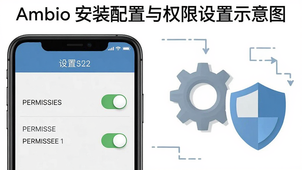 Ambio安装配置与权限设置示意图,手机屏幕显示设置菜单与权限开关,旁边有齿轮与盾牌图标,布局清晰,风格指导性图示,细节明确,画质干净,无多余元素