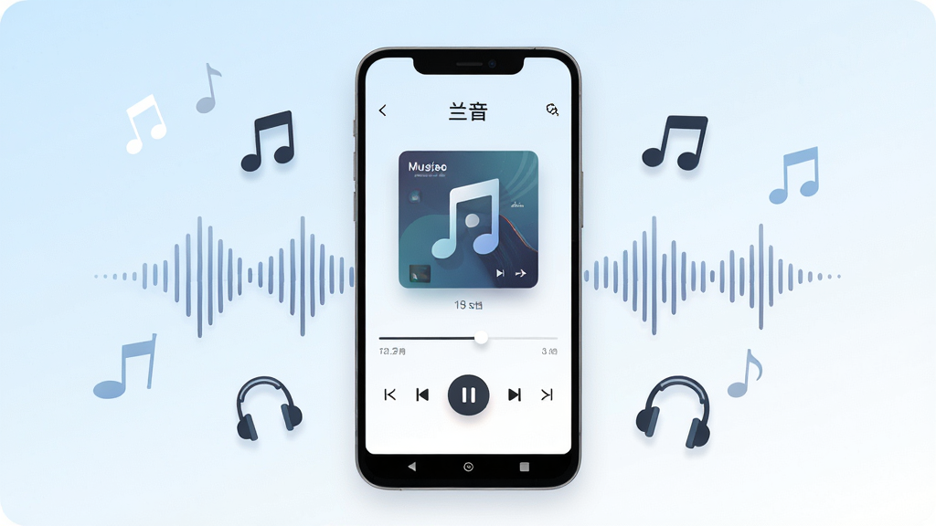 软件名称“兰音”主视觉展示图:画面中央为一部竖屏安卓手机,屏幕内呈现简洁的音乐播放界面,包含专辑封面、播放进度条与控制按钮;手机周围环绕音符、声波纹理与耳机图标;布局采用居中对称构图,背景为浅蓝渐变到白色的柔和过渡;风格为现代扁平化UI展示风;细节上突出界面层次感与图标精致度;画质清晰干净,无多余元素。
