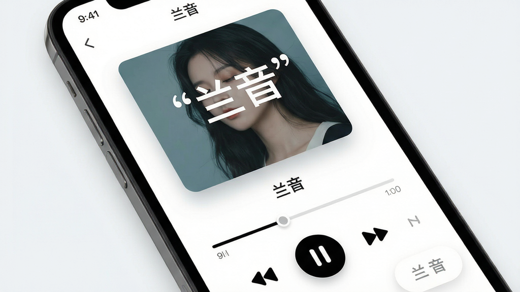 软件名称“兰音”播放界面展示图:主体为手机屏幕特写,屏幕内展示音乐播放详情页,包含大尺寸专辑封面、歌曲名称“兰音”、进度条与播放控制按钮;布局为上下结构,上方封面下方控制区;风格为清新简约的移动端UI设计风;细节上体现按钮圆角与文字排版;画质高清干净,画面中文字需加引号呈现为“兰音”。