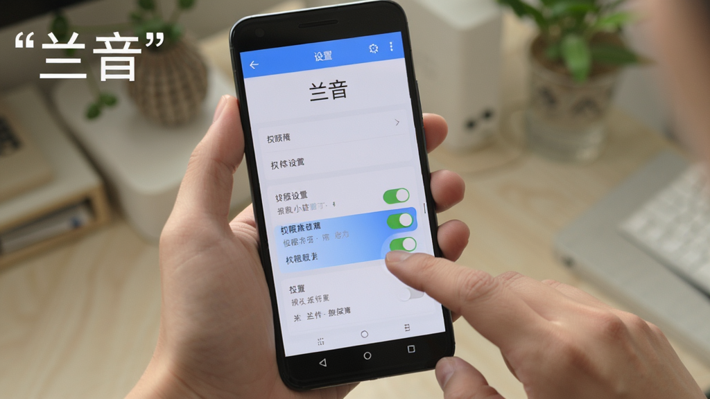 软件名称“兰音”使用操作示意图:画面为一只手握持安卓手机,屏幕显示兰音设置页面与权限开关;布局为手部特写居中;风格为生活化产品使用场景风;细节上体现手指点击动作与界面高亮;画质清晰自然,画面中文字需加引号呈现为“兰音”。