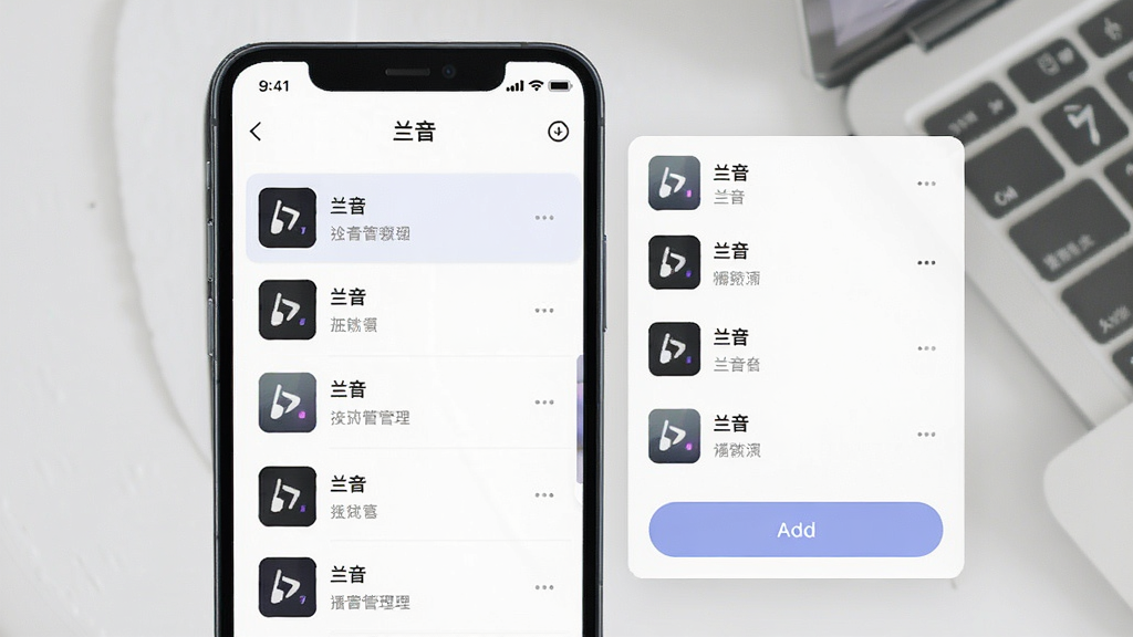 软件名称“兰音”播放列表管理展示图:画面为手机界面示意,屏幕内呈现播放列表管理页面,包含多个列表条目与添加按钮;布局为左侧手机右侧悬浮列表卡片;风格为轻量级应用展示风;细节上体现列表条目的图标与文字对齐;画质清晰干净,画面中文字需加引号呈现为“兰音”。