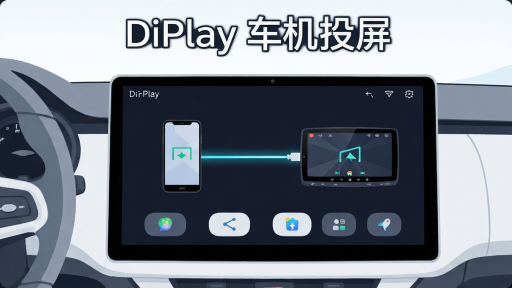 画面主体为一辆汽车的中控大屏,屏幕上显示 DiPlay 软件界面,布局为左侧手机图标与右侧车机屏幕之间用一条发光连接线相连,排版居中对称,风格为清爽科技感扁平插画,细节包含方向盘轮廓、手机投屏箭头、简洁图标按钮,画质清晰干净无多余元素,图片上方加文字“DiPlay 车机投屏”