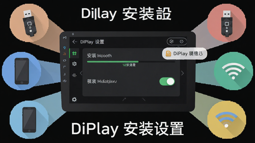 画面主体为车载中控屏显示 DiPlay 设置界面,布局为屏幕居中、周围有 U 盘、手机、Wi-Fi 图标环绕,排版呈放射状,风格为扁平化教程示意图,细节包含安装进度条、权限开关、提示气泡,画质干净清晰无多余元素,图片中加文字“DiPlay 安装设置”