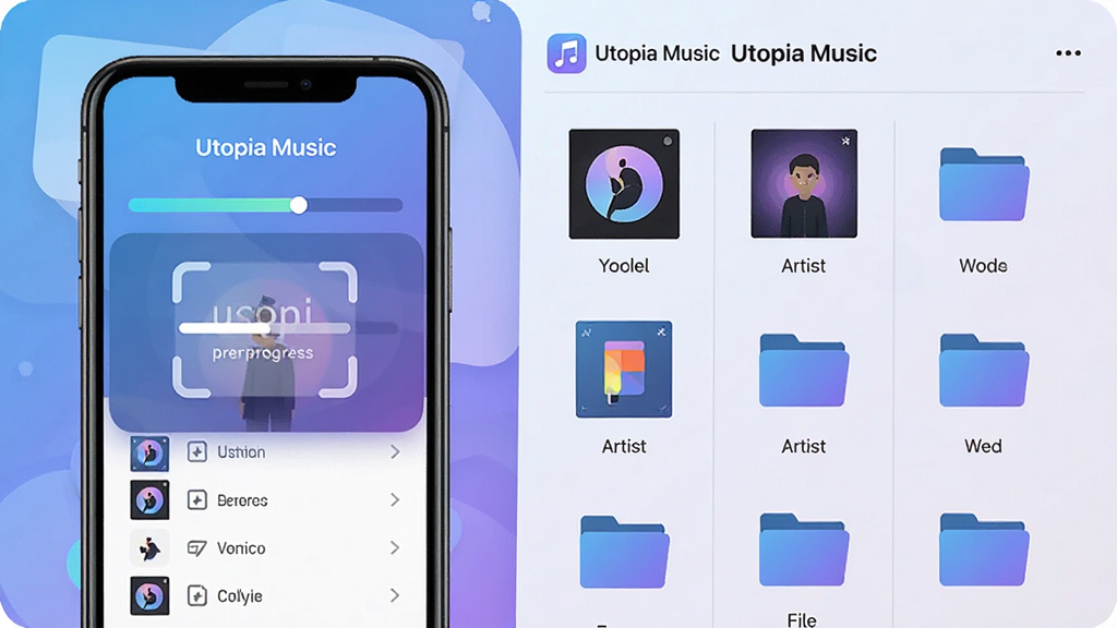 一张Utopia Music曲库扫描功能的示意图,画面左侧为手机屏幕显示扫描进度条与文件列表,右侧以分栏布局展示扫描后生成的专辑、艺术家、文件夹分类图标,整体采用浅色背景,扁平化插画风格,色彩以蓝紫渐变为主,画面干净整洁,无杂乱文字,突出「Utopia Music」应用名称标识