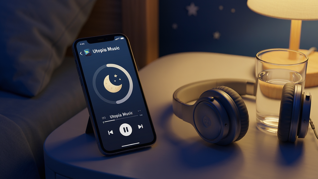 一张Utopia Music睡眠定时功能的场景图,画面为夜间卧室床头柜上放置一部手机,屏幕显示倒计时圆环与月亮图标,旁边有一副耳机与一杯水,整体色调为深蓝与暖黄对比,风格温馨安静,手机屏幕内可见「Utopia Music」播放界面,画质柔和清晰,无杂乱元素