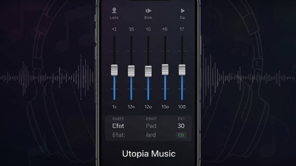 一张Utopia Music均衡器界面的展示图,画面主体为手机屏幕内五段式均衡器滑块与预设音效列表,背景为深色渐变,屏幕下方有「Utopia Music」字样,周围点缀声波纹理与耳机轮廓线条,风格为现代音乐应用UI展示,画质干净清晰,无多余装饰元素