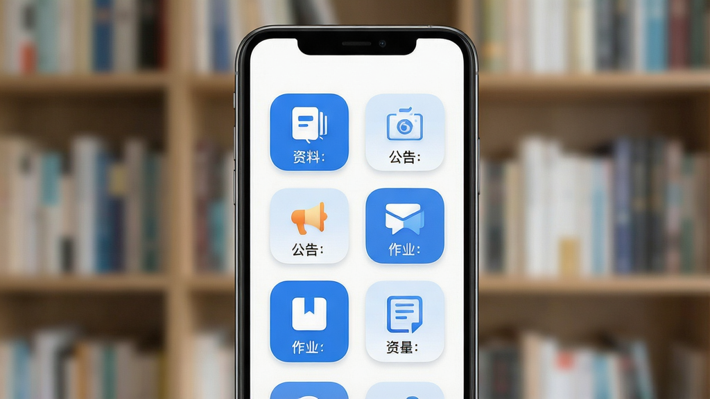 一张展示超星助手资源快捷访问功能的手机界面图,画面主体为一部竖屏手机,屏幕内呈现功能图标矩阵,包含资料、公告、作业等入口按钮,图标采用圆角设计,配色以蓝色与白色为主,手机后方是虚化的书架背景,整体风格现代简约,细节清晰,画质干净,无多余元素
