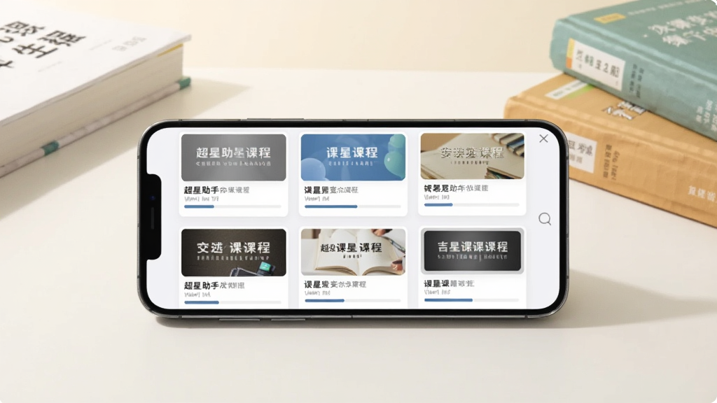 一张表现超星助手课程集中管理功能的界面示意图,画面中一部手机横向放置在浅色桌面上,屏幕内显示多张课程卡片以网格形式排列,每张卡片带有课程封面与进度条,手机旁边散落着几本不同颜色的教材,背景为柔和的米白色,风格清新简约,细节丰富,画质干净,无多余元素