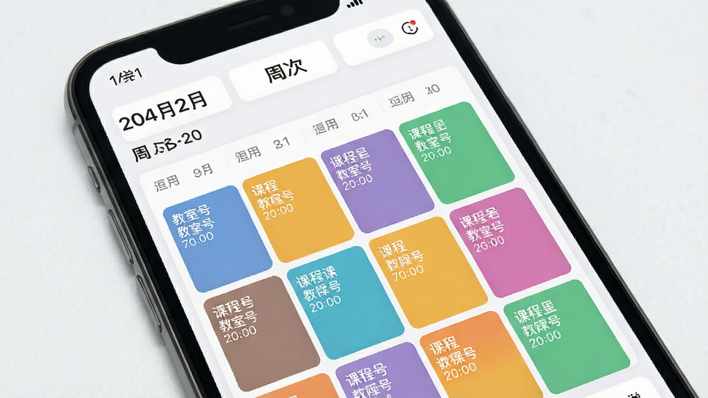 一款名为“上课”的手机课程表管理应用界面展示,主体为手机屏幕中清晰的周课表网格布局,各课程色块分明,顶部显示日期与周次,布局简洁有序,排版采用卡片式设计,风格清新现代,细节包含课程名称、教室号、时间标注,画质清晰,画面干净,无多余元素