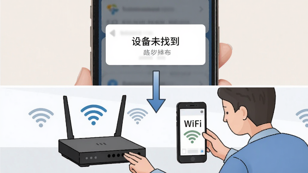 画面上半部分展示一部手机屏幕弹出“设备未找到”的提示框,下半部分展示用户正在检查路由器设置与WiFi连接状态,中间用箭头连接表示排查思路,布局为上下分层结构,风格为信息图表式插画,细节包含WiFi图标、路由器与手机简图,画质清晰干净,无多余背景干扰
